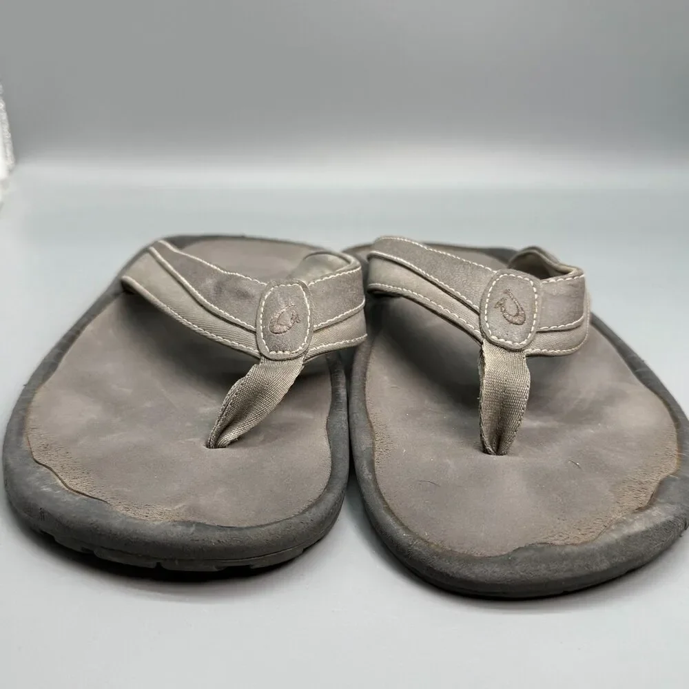 OluKai Ohana Koa Men's 12 Gray Leather Slip-On Flip Flop Sandals Comfort Shoes